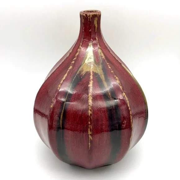 Studio Pottery Glazed Gourd Vase Chinese Oxblood Flambé Style Signed On Bottom